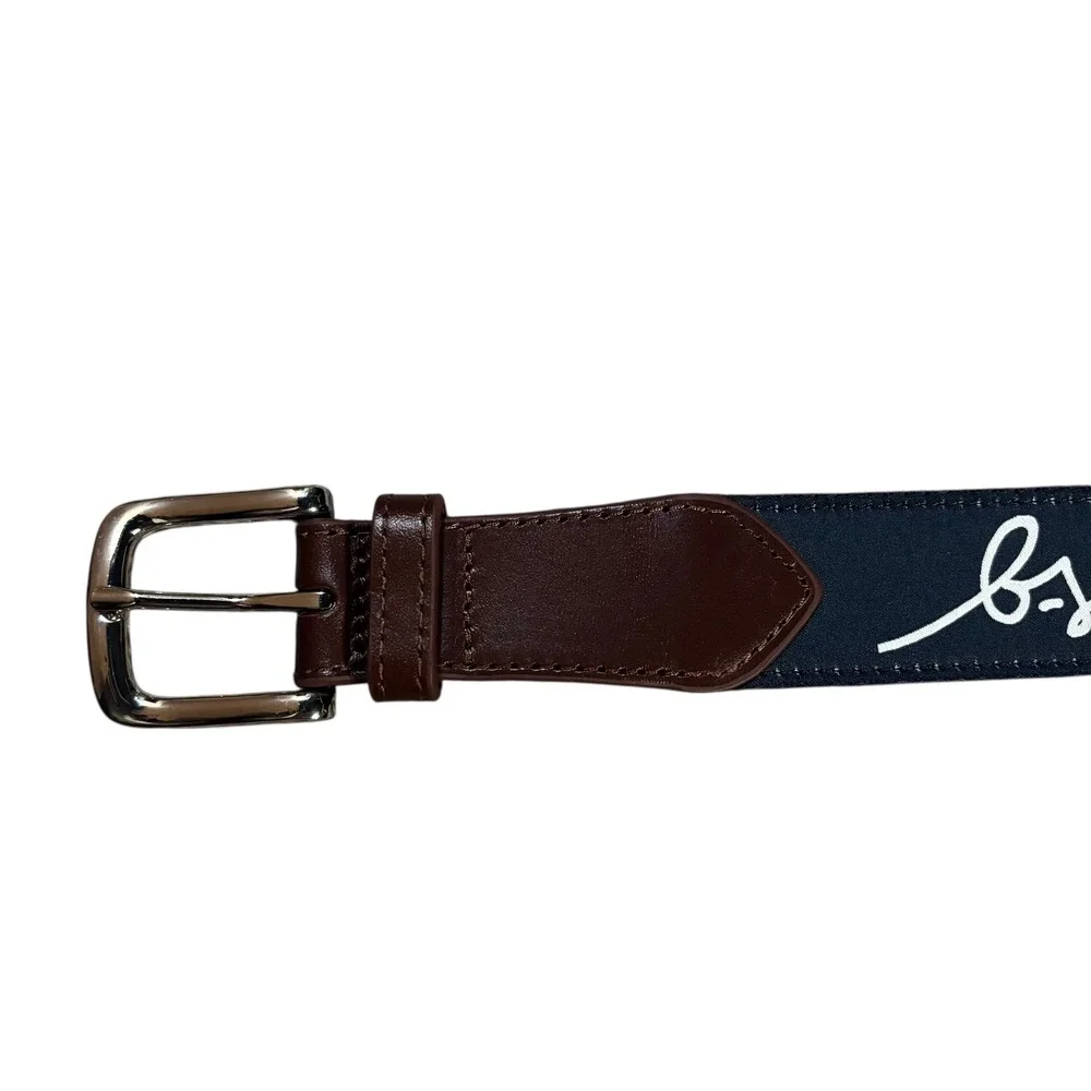 Boston Scott Men's‎ Blue Signature Logo Belt Brown Leather Buckle Silver Tone